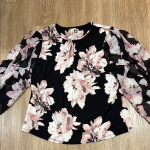 New Anne Klein Black Blouse with Pink and Cream Floral Print 1XL